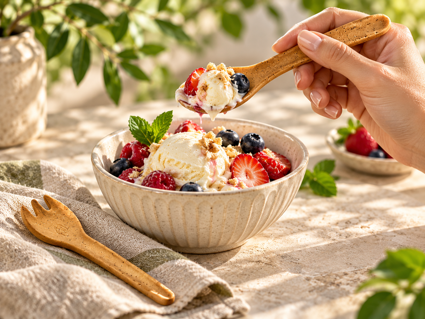 Ice cream being scooped with a golden edible spoon, with a fork-style spork beside the bowl